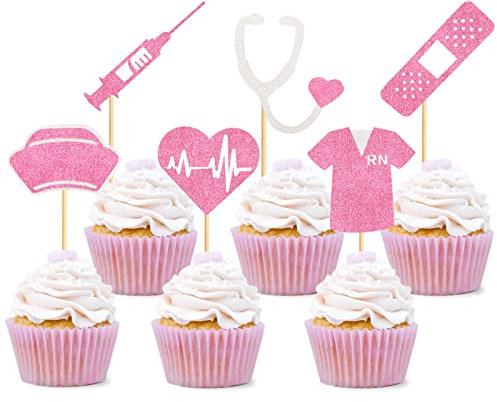 24 Pack Pink Nursing Cupcake Toppers Nurse Graduation Cupcake Picks Medical Rn Themed Cake Picks Nursing Themed Birthday Party Decorations Supplies