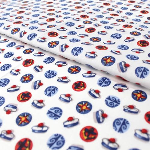 Maritimer Stoff Baumwolle – Meterware 140 cm breit – Marine & Matrosen Muster mit Anker, Mütze & Wellen – pflegeleicht & schadstoffgeprüft