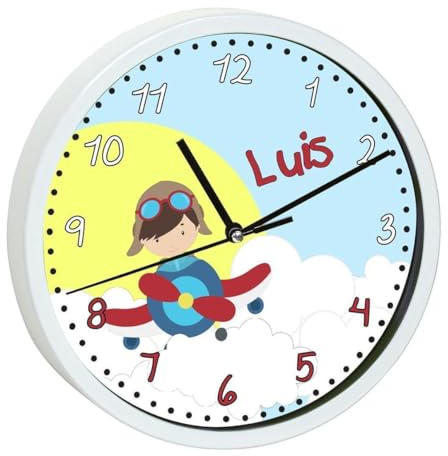 CreaDesign, Wanduhr Kinder personalisiert mit Name, Motiv Flugzeug-Wolken, Rahmen Wanduhr weiß, Ø 19,5 cm