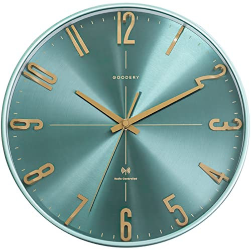 GOODERY Radio-Controlled Wall Clock - 30 cm Diameter, Quiet 3D Large Modern Analogue, Almost Silent Decoration for Any Wall, Turquoise