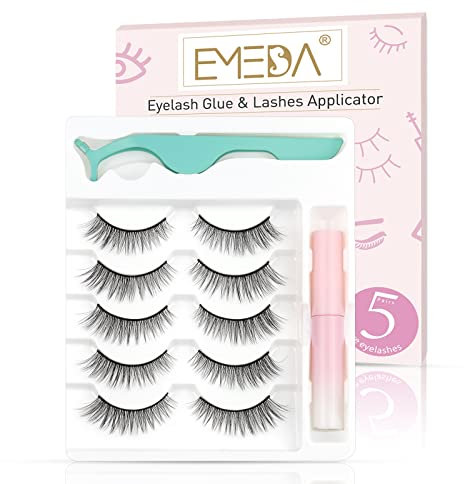 EMEDA Natural lashes with glue and tweezers 5 Pair Natural look eyelashes with lash glue 3D Short Natural false lashes Kit Strip Fake Lashes With Applicator (Natural 6)