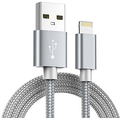 iPhone Braided Charger Cable, Data & Fast Charging Lead for Apple iPhone 13, 13 Pro, 12, 12 Mini, SE, 11, XS, XR, X, 8, 7, 6, 5, iPad, Pro, Air, Mini, Airpods Pro- Silver/Grey (2M)