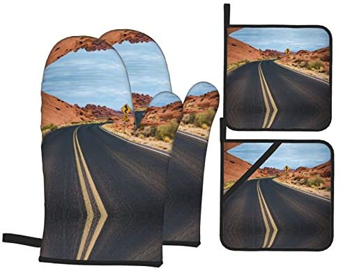Highway In Desert With Rocks Ofenhandschuhe und Topflappen-Sets, Futter für Küche, Backen, Grillen, 4 Stück