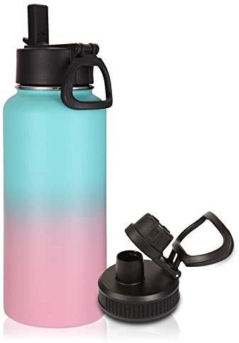 Volhoply 1 Litre Insulated Water Bottle with Straw Lid & Spout Lid,Stainless Steel Sports Water Bottle,Double Wall Vacuum Tumbler,Leak Proof Wide Mouth Metal Flask,Keeps Cold or Hot(Green Pink,1)