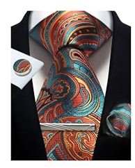 CWKOON Herren-Krawatte mit Paisleymuster, formale Krawatte, Einstecktuch, Krawatten-Clips, Manschettenknöpfe, klassisches Set für Herren, Paisley Hellblau Orange, Einheitsgröße