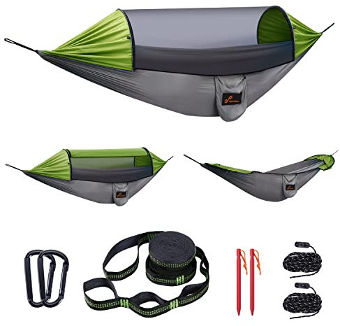 Hängematte mit Moskitonetz, 300 x 180cm Sportneer Outdoor Hängematte 200KG Tragkraft Camping Hängematte, hängematten mit 2 Premium Karabiner, 2 Nylonschlingen inklusive