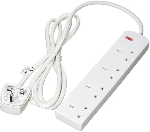 4 Way Gang Surge Protected Extension Lead 2m Plug Extension Power Strip 4 Plug Socket Power Extension Cord 2 Metre 13A Amps Power Strip Wall Hanging Extension Plug Adaptor UK Pin Cord (Pack of 1)