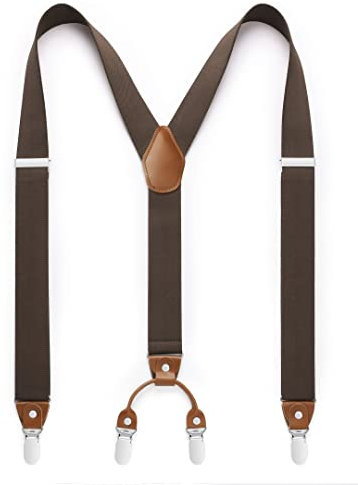 HISDERN Herren 3,5 cm breiter Hosenträger in Y-Form mit sehr Starken 4 Metall Clip für Männer und Damen elastisch und verstellbar Braun