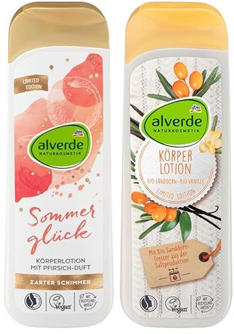 alverde NATURKOSMETIK 2er-Set Körperpflege: Bodylotion SOMMERGLÜCK Pflegelotion mit Schimmer & Pfirsich Duft (250 ml) + Körperlotion mit BIO-SANDDORN & BIO-VANILLE Feuchtigkeitspflege (250 ml), 500 ml