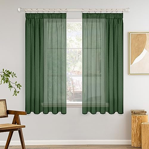 MIULEE Gardinen Vorhänge mit Kräuselband 2er Set Gardine Vorhang Gardinen Wohnzimmer aus Sheer Voile Curtains Transparent Schlafzimmer Dunkelgrün 140 x 175 cm