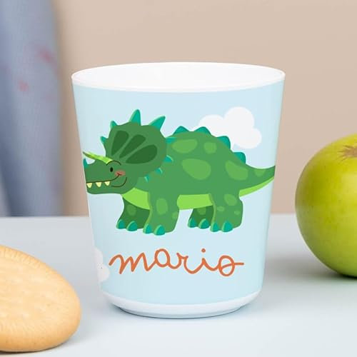 Wanapix | Kunststoffbecher mit Namen für Kinder | Unzerbrechlicher Trinkbecher Personalisierter | Schule/Kindergarten| BPA freier | 235ml | Dino