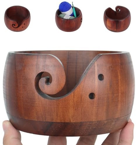 Aeeque Garnschale Große, Holz Wollschale mit Deckel, Strickschüssel Gran Schale mit Garnloch, Trikolore Holzschale für Stricken Häkeln, Häkelwerkzeugschale Wollhalter