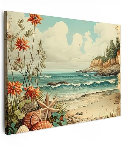 MuchoWow© Impressions sur Toile 40x30 cm Deco Tableau Murale Decoration Salon Peinture Tableaux Chambre Toiles Maison Vintage - Mer - Roches - Plantes - Nature