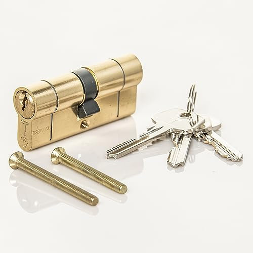 TSS Polished Brass High Security TS007 1 Star Euro Cylinder Lock, British Standard, Insurance Approved Barrel Lock and Key Sets. Supplied with 3 Keys. UPVC Door Locks. Brass (45mm x 45mm (90mm Total))