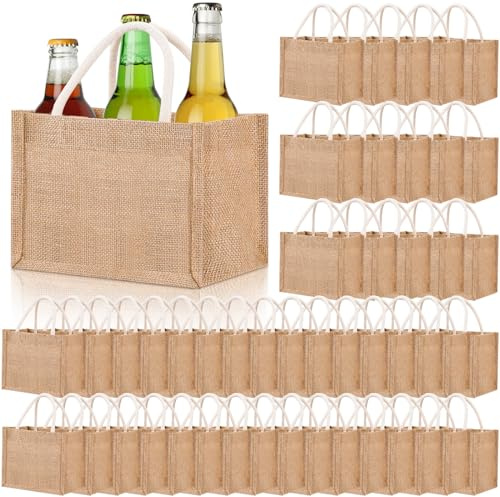 Cunno 48 Stück Jute-Tragetaschen mit Griffen, Mini-Jute-Geschenktüten, klein, blanko, Brautjungferntaschen, wasserabweisend, wiederverwendbar, Einkaufstaschen für Einkaufen, Hochzeit, Party, Strand,
