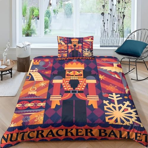 GIOSBR Nutcracker Duvet Cover Comforter Covers Quilt Cover 3D Printed Christmas New Year for Boys Girls with Zipper Closure with Pillow Cases Soft Microfiber Bedding Set 2 Pieces Single（135x200cm）