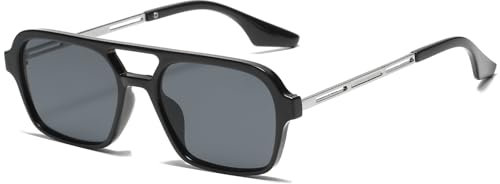 JCTAIFOO Vintage 70s Quadratische flache Piloten-Sonnenbrille für Herren Damen Trendy Retro Rectangle Small Shades Cool Niedliche Mode Brille Schwarz-Silber/Grau