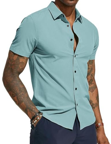 PJ PAUL JONES Camisa de manga corta para hombre, corte regular, sin planchado, camisa de negocios, camisa de verano, azul claro, M