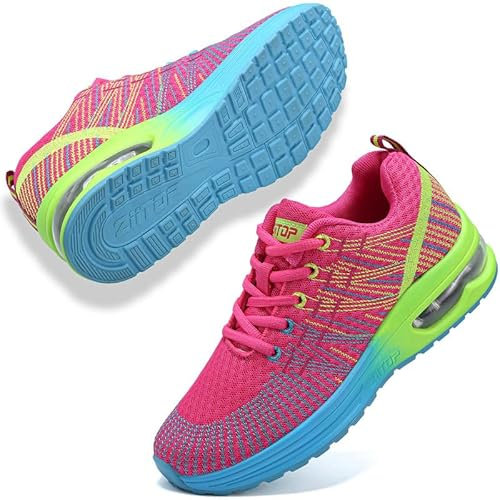 Maxome Zapatillas deportivas para mujer, con cámara de aire, ligeras, transpirables, de malla, antideslizantes, informales, para gimnasio, tenis, trotar, Bluepink, 38 EU
