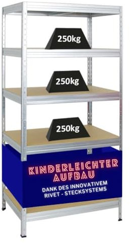 PROREGAL Schwerlastregal Rivet HxBxT 180x90x60cm Fachlast 250kg, Innovatives Stecksystem, Verzinkt, Garagenregal, Lagerregal, Steckregal, Stahl, Kellerregal