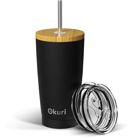 Okuri Insulated Travel Mug 600ml - Stainless Steel Coffee Cup with Bamboo Lid - Reusable Iced Coffee Cup with Straw - Thermal Travel Cup with 3 Interchangeable Lids