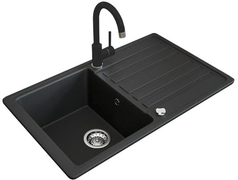 Bergström Spülbecken, Spüle aus Granit, Schwarz, 76 x 46 cm mit Armatur Schwarz