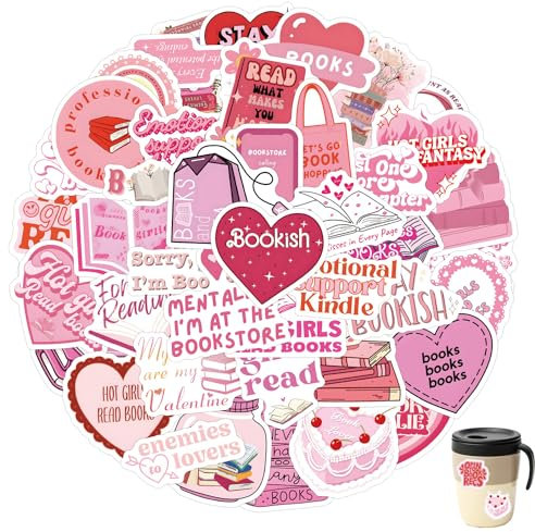 Pink Book Stickers - 60pcs Waterproof Vinyl Heart Shape Aesthetic Reading Stickers for Kindle, Scrapbook, Water Bottles, Laptops