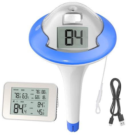 BALDR Pool Thermometer Funk, Wiederaufladbares Poolthermometer schwimmend mit zwei Digital Bildschirmen und großen Ziffern für Schwimmbecken, Whirlpool, heiße Quelle, Aquarium (Dunkelblau)