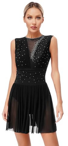 Sxiwei Damen Glitzer Tanzkleid Eiskunstlauf Kleider Ärmellose Ballet Trikot Mit Strass Ballettanzug Wettbewerb Performance Bekleidung Schwarz L