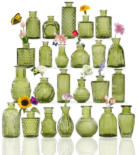 Sawoake Lot de Petits vases en Verre Transparent avec couvercles pour décoration de Table, Mariage, réception, Maison, Bouteilles Vintage (Vert, 24)