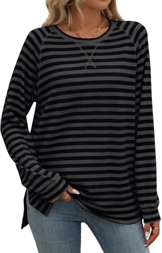 Flikity Striped Long Sleeve Tops Women Blouses Ladies Longline Tops | Crew Neck T Shirts Ladies Tunic Tops Trendy Casual Spring Autumn Winter Clothes M-XXL