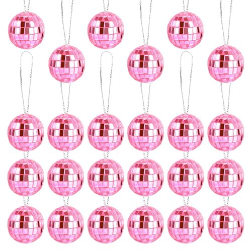 24pcs Boule Disco à Suspendre Décoration de Fête, 2,8cm Mini Boules Disco Miroir Boule Disco Rose Décorations de Fête Disco Ornements de Boule Disco, pour Noël Arbre Halloween Vacances Fête