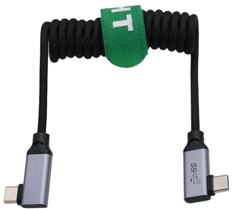 HangTon USB Type C 20Gb/s 100W 4K60Hz Data Power Cable for Samsung SSD Blackmagic ZCAM Canon Sony Camera iPhone Phone Laptop Video Monitor, Right Angle USB-C Braided Coiled 30cm