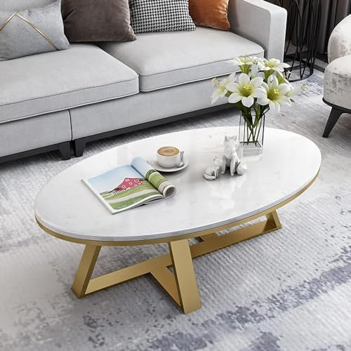 Couchtische Marmor Weiß Wohnzimmer Beistelltische Ovale Sintersteinplatte Marmortextur Sofatisch mit stabilem Metallrahmen, Home Office