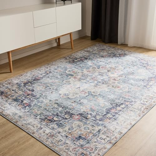 benuta Basic Waschbarer Teppich George - Blau 200x300 cm - Kunstfaser - Rechteckig & im Style: Vintage, Elegant, Retro - Pflegeleicht für Wohnzimmer Schlafzimmer