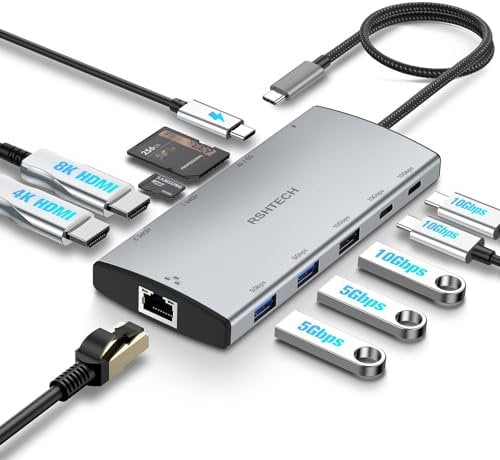 RSHTECH 11 in 1 MacBook Laptop Dockingstation mit 2 HDMI (8K und 4K), USB 3.2 und 3.0, 100W PD, SD/TF, Gigabit Ethernet - USB C Docking Station 2 Monitore - Geeignet für Windows, Linux und Mas OS