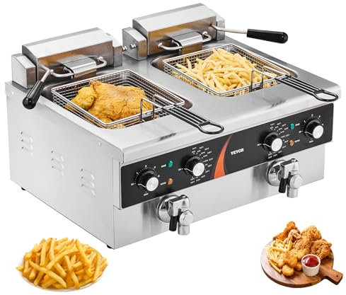VEVOR Freidora Eléctrica Comercial Freidora de Aceite de Encimera de 3000 W 2 Tanques de Acero Inoxidable de 8,5 L con 2 Cestas para Freír Temperatura y Tiempo Ajustables para Restaurante, Bar