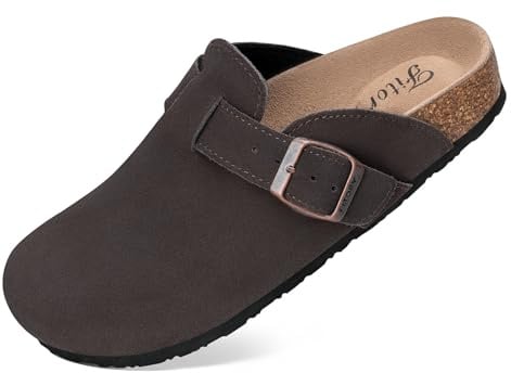 FITORY Womens Clogs Slip-on Potato Shoes Leather Mules with Suede Cork Footbed Mocha Size 6