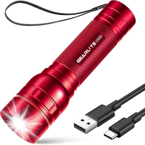 GEARLITE Rechargeable LED Torch, 2000LM Torches LED Super Bright with 3 Modes, Portable Small Torch with Battery, Waterproof Flashlight Zoomable for Power Cut, Emergency, Camping, Hiking, Outdoor-Red