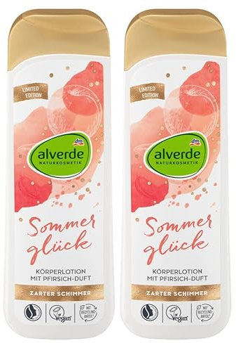 alverde NATURKOSMETIK 2er-Set Hautpflege: Schimmerlotion SOMMERGLÜCK feuchtigkeitsspendende Körperlotion für seidig-zartes Hautgefühl, sommerlicher Pfirsich-Duft, zarter Schimmer, 2 x 250 ml (500 ml)