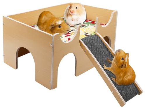 Groß Meerschweinchen Haus mit Rampe, Hamster Versteck Käfig Dekor Zubehör, Meerschweinchen Zubehoer, Hamster Haus, Holz-Kletterspielzeug für Rennmäuse, Stachelmäuse, Zwerghamster, 38 x 24 x 18 cm