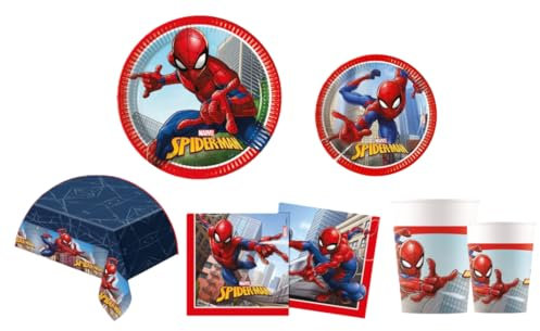 Kit Festa di compleanno a tema Spiderman, da tavola (8 piatti 23cm, 8 piatti 20cm, 20 tovaglioli, 1 tovaglia, 8 bicchieri)
