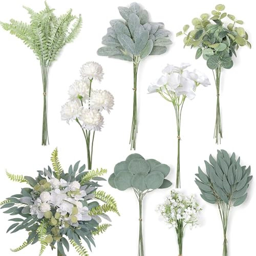 Druuzyl 65 Fiori Artificiali Verde e Bianco - Bouquet Decorativo con Rami Finti per Matrimonio/Casa/Ufficio, Piante Finte per Centrotavola e Vaso (Set Completo)