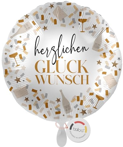 balloa XXL Folienballon Herzlichen Glückwunsch, Deko für Jubiläum, 53 cm | Festliches Design mit Konfetti und Sektgläsern, runde Form, XXL, heliumgeeignet, ungefüllt, Deko für Geburtstag und Jubiläum