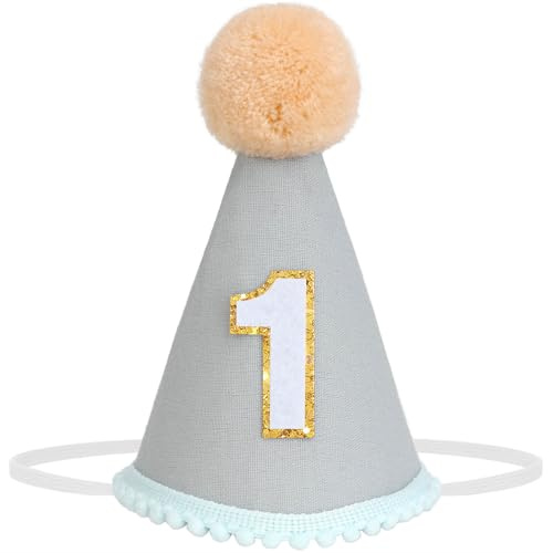 DRESHOW Baby 1 Geburtstag Hut Ersten Geburtstag Kegel Party Hüte mit Pom Poms Cake Smash Foto Requisiten Kopfbedeckung Dekor für Mädchen Jungen