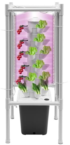30 Löcher Vertical Hydroponic System mit LED & Gestell, 6-Ebenen Hydrokultur Set aus lebensmittelechtem PP, 10L Tank – platzsparender Hydroponic Tower für Zuhause, Balkon & Büro