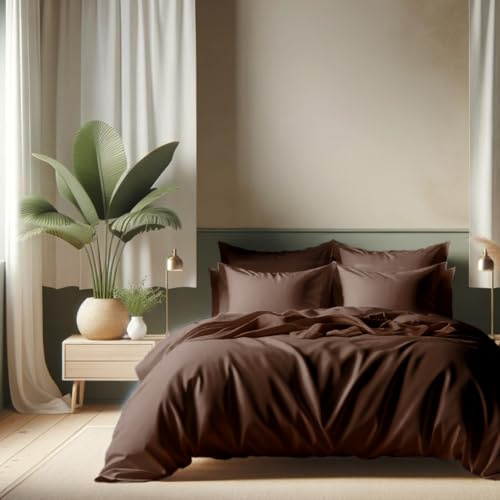 PARURE DE LIT 5 Pieces Unie en pour Un lit 2 Personnes 160 x 200 cm 1 drap housse + 1 drap plat +2 taies d'oreiller 50 x 70 cm + 1 taie de traversin 100% Coton 57 Fils HAUTE QUALITE (MARRON)