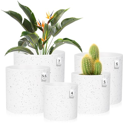 CSYY Plant Pots Indoor, Plastic Plant Pots, Flower Pots Outdoor Self Watering Indoor Plant Pot with Drainage Holes and Tray, Plastic Planter for Garden House Plants (White and Black, 7/6.5/6/5/4)
