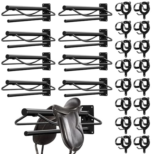 Paterr 24 Pack Saddle Rack Wall Mount with Pad Bar Horse Bridle Rack Metal Bracket Bridle Hooks Detachable Portable Saddle Stand Tack Storage for Western Horse Trailer Supplies Accessories