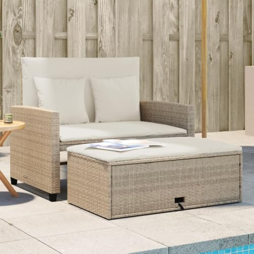 kithwjll Gartensofa mit Kissen, 2-Sitzer Beige Poly Rattan, Outdoor Schlafsofa mit Hocker, UV-beständig, 115x75x91 cm für Balkon und Garten